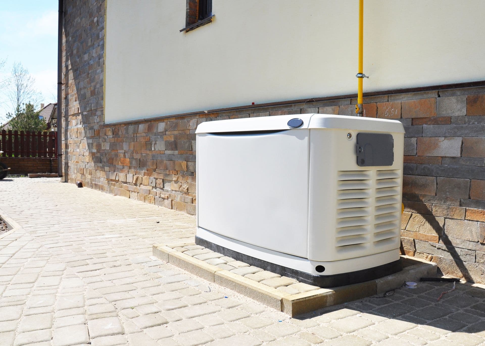A white home generator is installed on a paved pathway beside a house with stone and cream-colored walls.